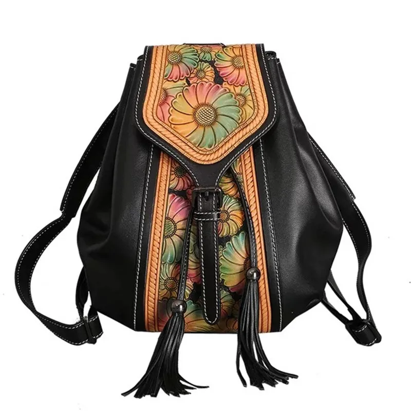 Vintage Genuine Leather Engraved Floral Pattern Female Backpack