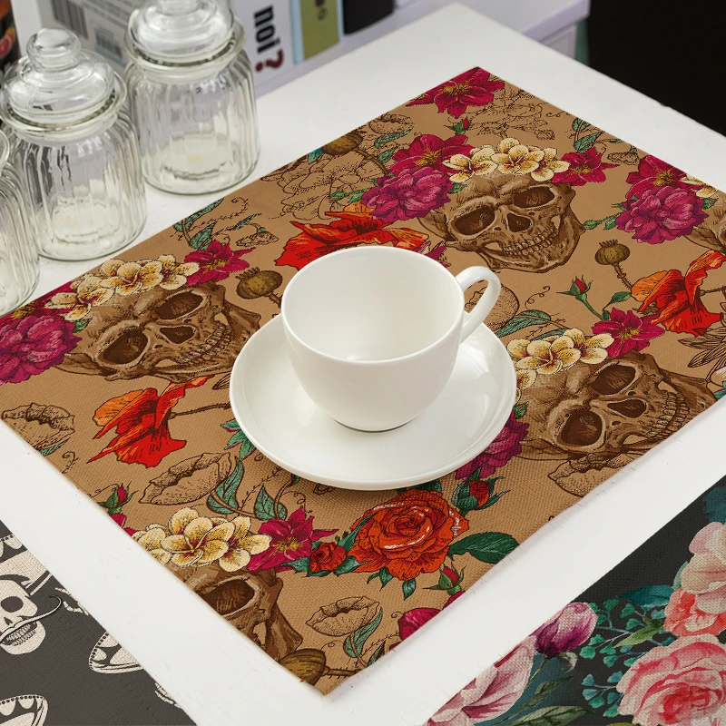 Miracille 2/4/6pieces Set Sugar Skull Art Home Decorative Table Place Mats Flower Skulls Pattern Placemats For Kitchen Table