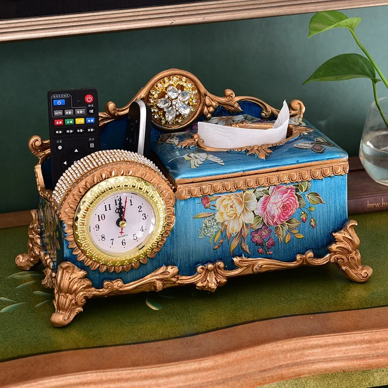 European Creative Clock Tissue Box Vintage Multi-functional Napkin Box Living Room Coffee Table Remote Storage Box Decoration