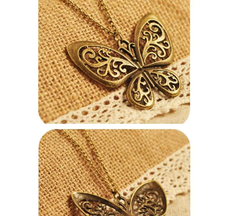 Vintage Hollow Butterfly Pendant Necklace For Women Gold color Necklaces Exquisite Fashion Long Chain Sweater Jewelry Wholesale