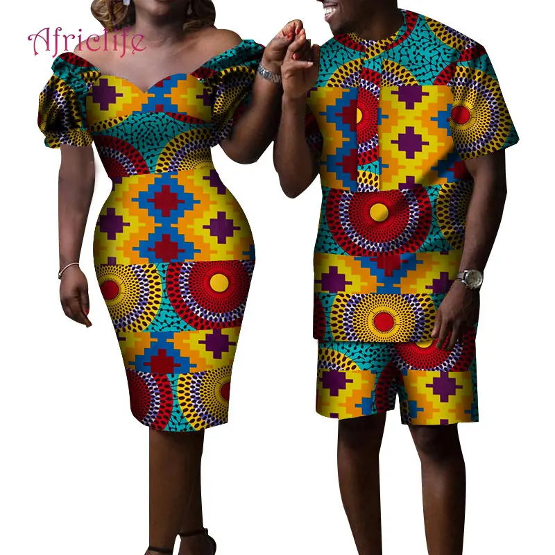 Африканская парная одежда женское платье Мужская рубашка комплект Базен Африканский принт с открытыми плечами платья до колен Одежда для влюбленных WYQ229 - Цвет: 10