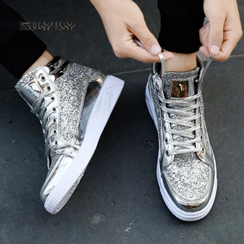 SWYIVY Men Sneakers Patent Leather High-top Hommes Skateboarding Shoes 2018 New Autumn Lace-up Males Sport Shoes Non-slip