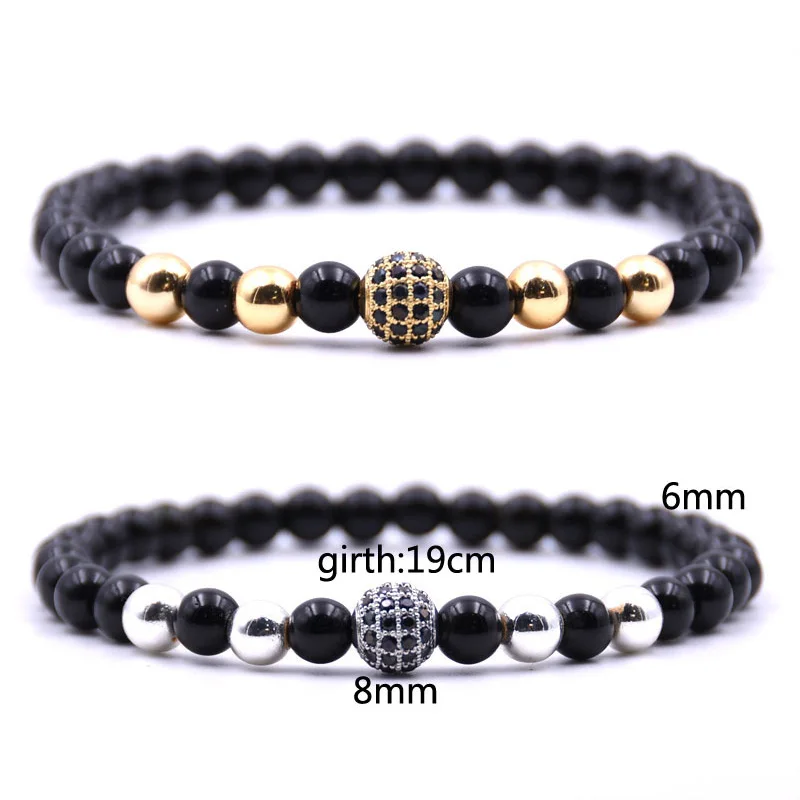 

Fashion 8mm Black CZ Ball Men Women Bracelet Natural Black Onyx Stone Beads Charm Bracelets Elastic Jewelry Yoga pulsera hombres