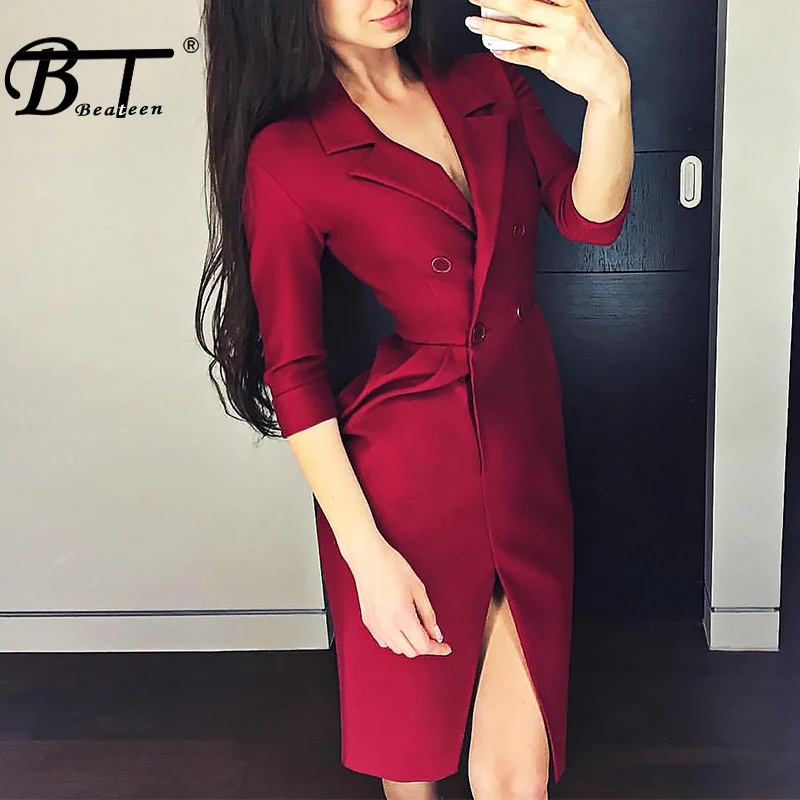 

Beateen 2019 New Office Lady Notched Lapels Buttons Seven-Quarter Sleeve Blazer Sexy Sheath Elegant Knee-Length Midi Dress