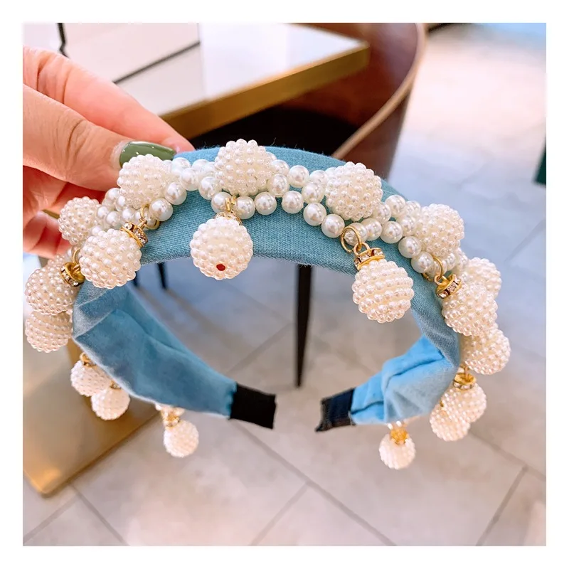 Luxury Denim Wide Pearl Headbands Baroque Ball Pendant Crown Blue Turban Party Show Hairbands Gifts for Women