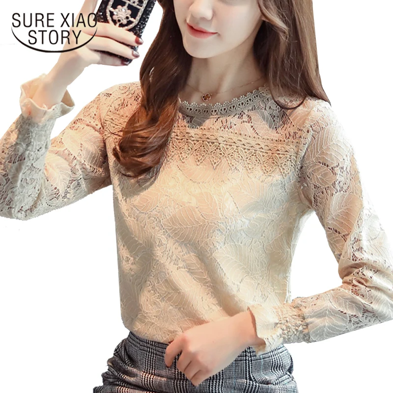 Najtaniej 2018 new moda długie rękawy solidna Lace kobiety bluzki Koszula topy puff Rękawem O NECK casual Lace kobiety odzież blusas C900 30