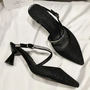 

Women's bling material evening high heel sandals brand designer pointed toe summer party dress shoes cross strap sandalias sale