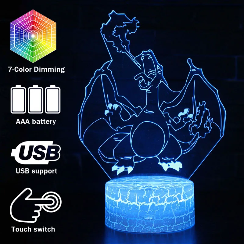 

Pocket monster 3D Light LED Table Lamp Illusion Night Light Charizard Model 7 Colors Changing 3AA Battery Powered USB Lamp