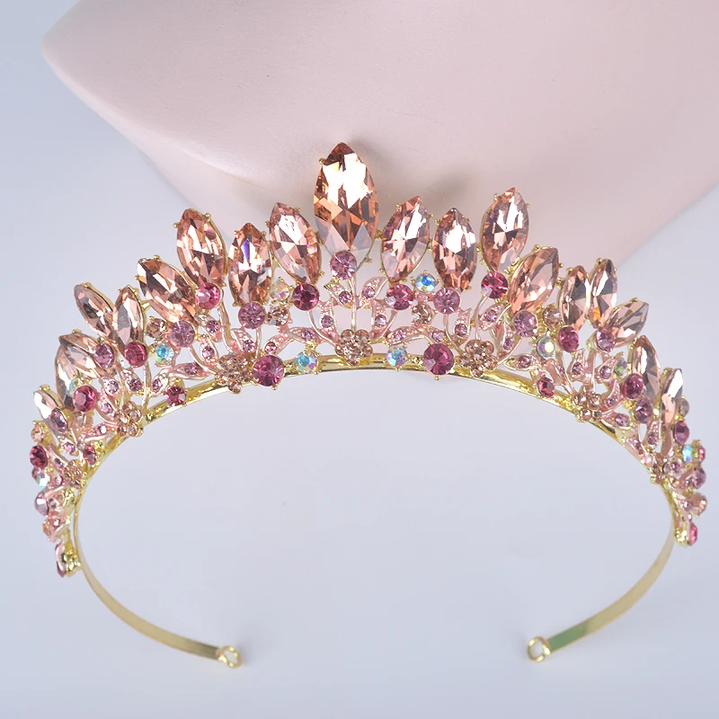Fashion new peach color Wedding Hair tiara For Bride Crystal Rhinestones Women party Crowns Bridal