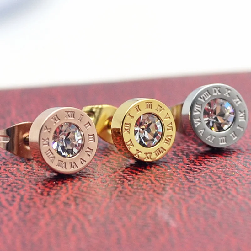

Simple Brief Roman Number Letter Crystal Stud Earrings Women CZ Fashion Earings Studs Titanium Stainless Steel Ear Pins Jewelry
