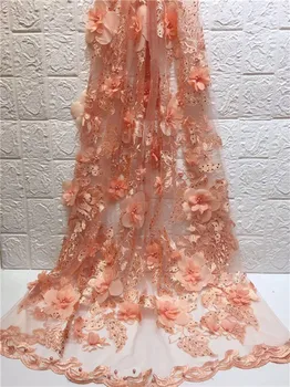 

Free shipping (5yards/pc) luxury shining African tulle 3d lace fabric navy blue French lace with lots of beads for dress Pink