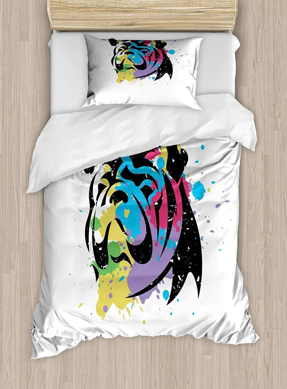 

Duvet Cover Set, Bulldog Portrait with Rainbow Style Color Splashes Simplistic Animal Design, 4 Piece Bedding Set