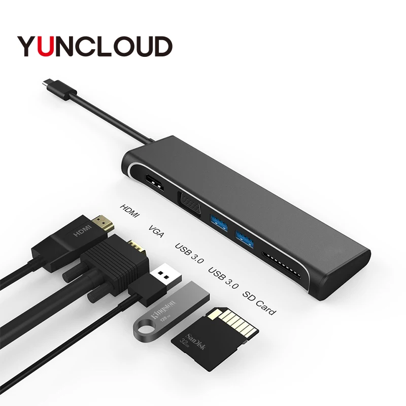 USB C концентратор к HDMI 4K VGA 1080P с SD кардридером Type-C 3 0 Thunderbolt адаптер для Macbook Samsung Type