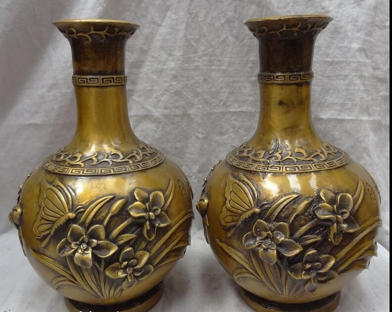 

JP S0608 12" Folk Chinese Bronze Copper Fly Butterfly Statue Wealth Flower Pot Vase Pair