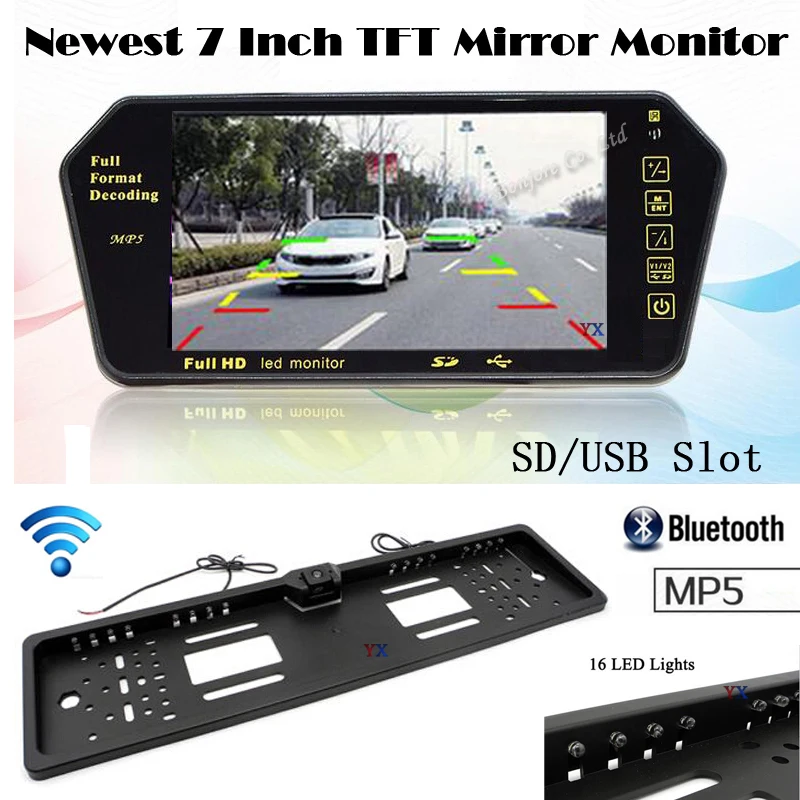 

KOORINWOO Wireless Adopt European License plate camera with 7 inch Mirror Monitor bluetooth MP5 for car USB/TF Slot Parking Cam