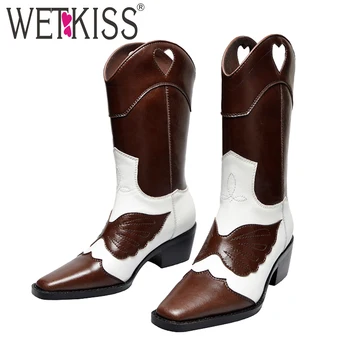 

WETKISS Western Boots Women Cowboy Mid-Calf Boots Square Toe Retro Leather Shoes Female Cuban Heels High Shoes Ladies Autumn New