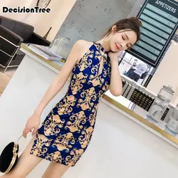 2019 летнее сексуальное синее женское атласное Повседневное платье qipao с цветочным принтом длинное китайское платье чонсам