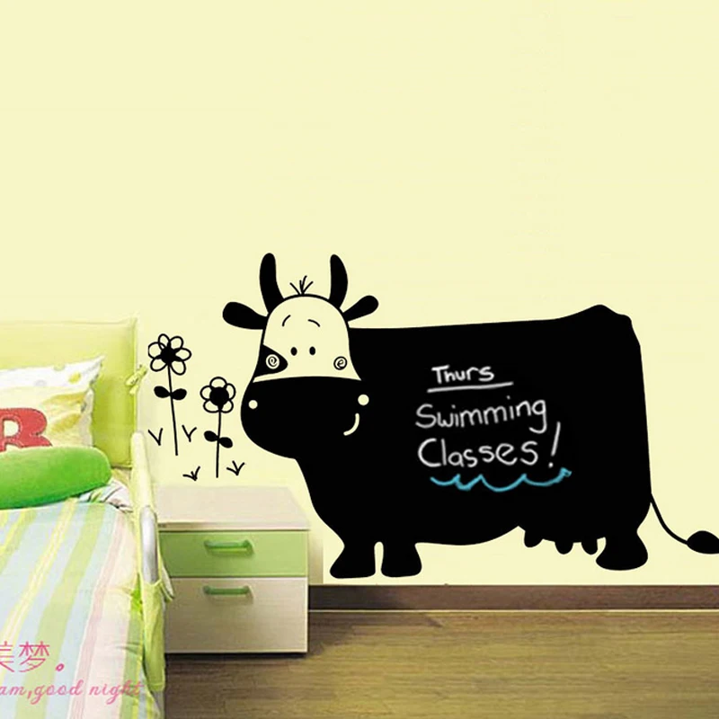 Cow Cartoon Flowers Writing Blackboard Wall Decal Home Sticker