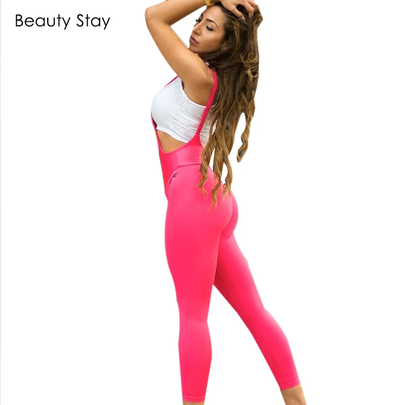 Beauty Stay Women Leggings Pure Color Suspender Pants Mid Waist