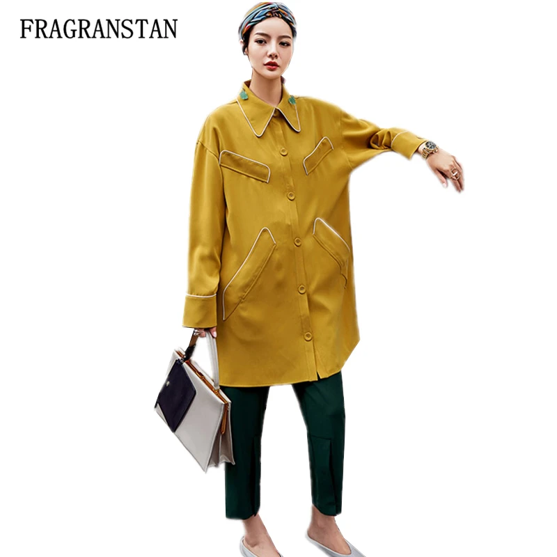

Women Autumn Vintage Slant Line Pockets Ginger Shirt Female Fashion Casual Loose Plus Size High Quality Personality Blouses Q345