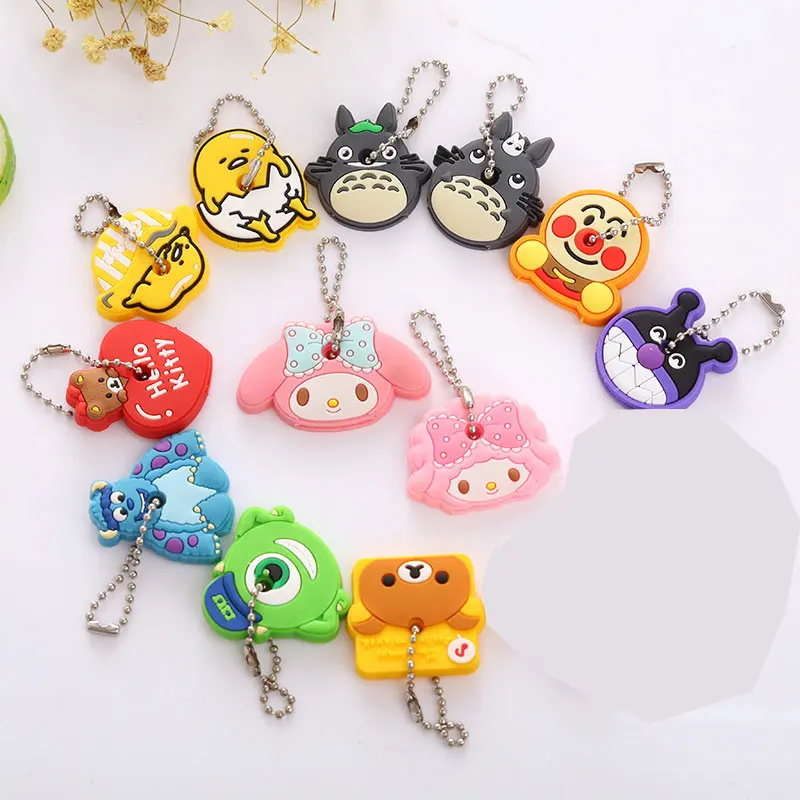 

New 2PCS Set Cartoon Cute Key Cover Anime Bear cat Totoro Silicone Key Chains Melody Animal Car Key Rings Keychain