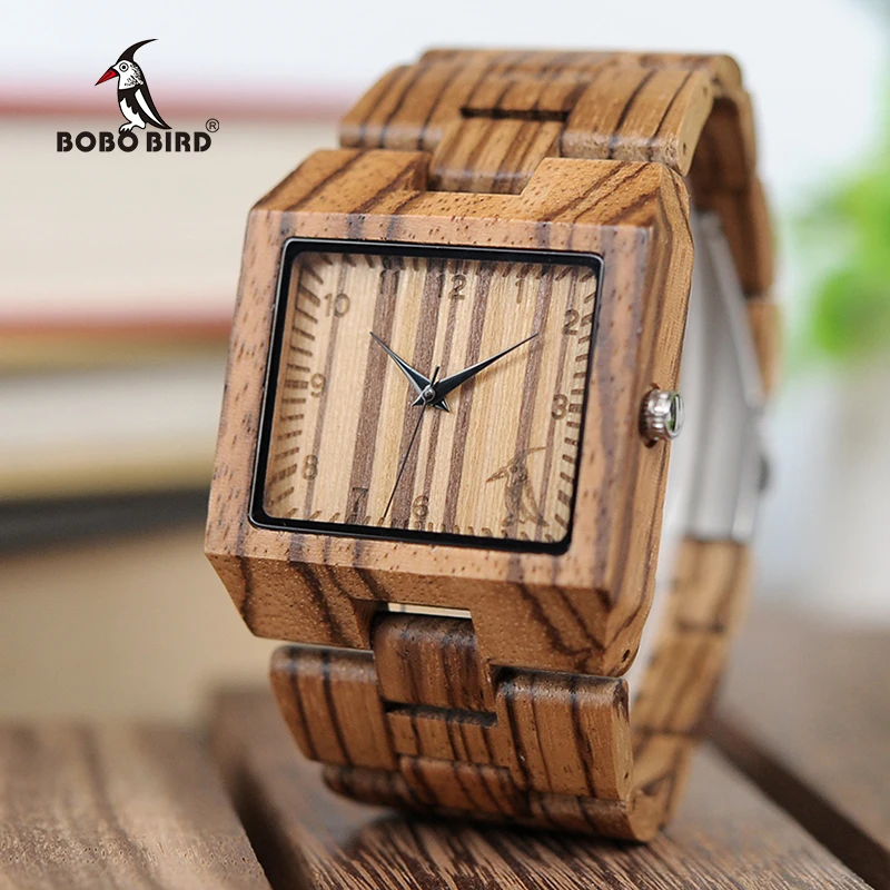 BOBO BIRD L-L24 Elegant Japan Movt Quartz Men Zebra Wooden Watch Square Skeleton Watches Men