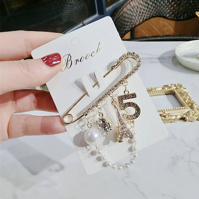 luxury Trend Pin Brooch Chain Rhinestone Pearl Tower Letter 5