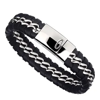 

Free Shipping Genuine Leather Bracelet Men Stainless Steel Leather Braid Bracelet Buckle Claps Length 185mm/220mm