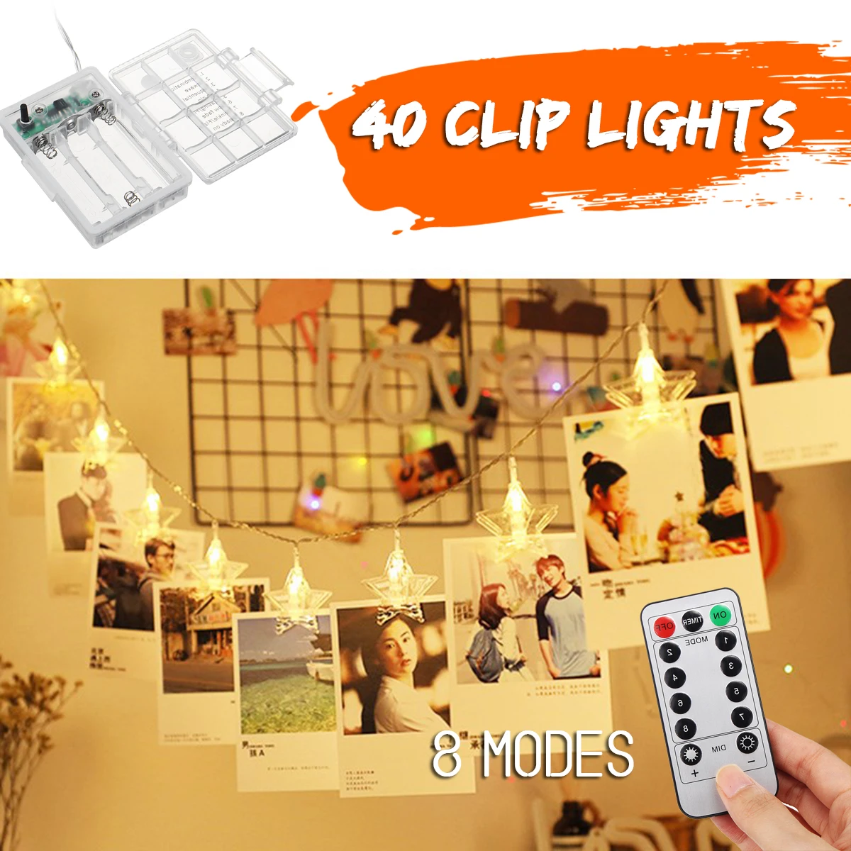 

6M 40 LEDs 8 Modes Photo Clip Light Battery Power Remote Control Wall Photo Clips Star String Light Christmas Wedding Decor Lamp