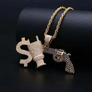 

Hip Hop AAA CZ Stones Paved Bling Ice Out US Dollar Plug Gun Pendants Necklace for Men Rapper Jewelry Gold Color Gift