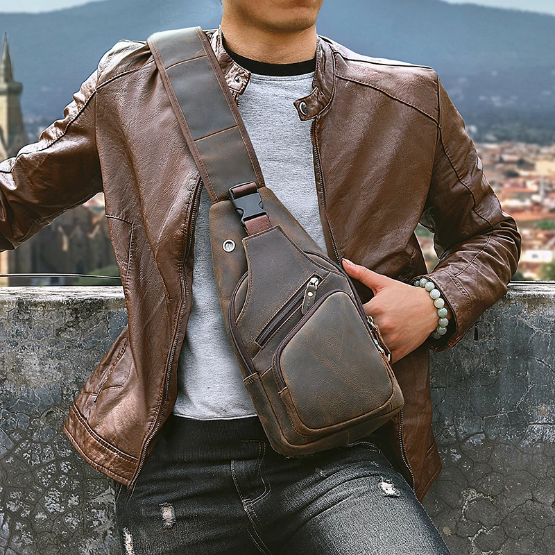 Men Original Crazy horse Leather Casual Fashion Crossbody Chest Sling ...