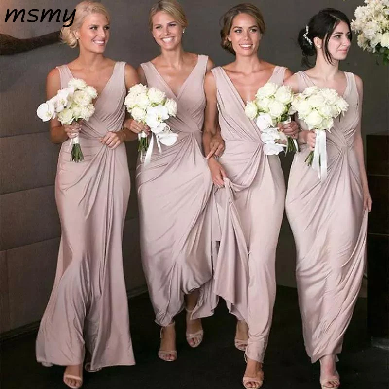 

Bridesmaid Dress Long V Neck Floor Length Chiffon Draped Pleated Sleeveless Maid Of Honor Formal Dress For Wedding Guest Women