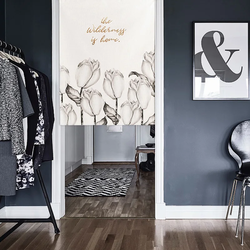 

Nordic black and white flower plant cloth shade door window curtain Japanese home decoration bedroom living room kitchen cafe