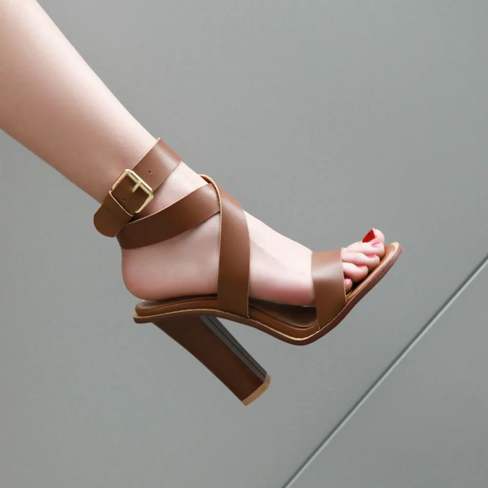 

LEEPO Sandals Women High Heels Shoes Woman Summer Brown Ankle Strap Cross Strap Peep Toe Sandalias Ladies Slingbacks Large Pumps