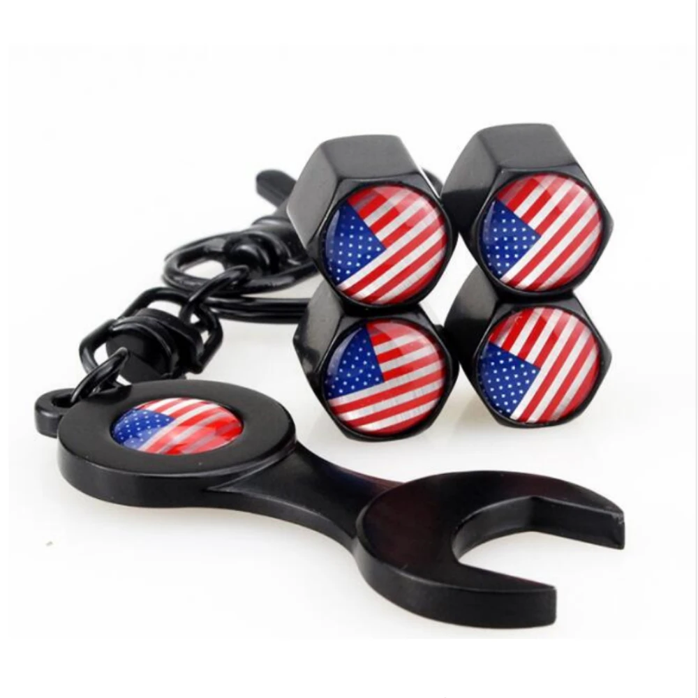 4pcs Car Decoration American Flag Logo Wheels Valve Caps & Wrench For