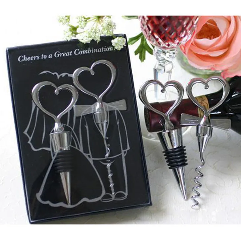 

2pcs Bride and Bridegroom Bottle Stopper and Opener Two Hearts Wine Favor Set Corkscrew Bottle Opener wedding decoration
