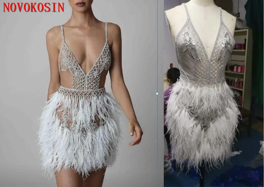 

2019 Short Homecoming Dresses Deep V Neck Cocktail Party Dresses Tulle Beading Crystal Feather See Through Prom Dresses