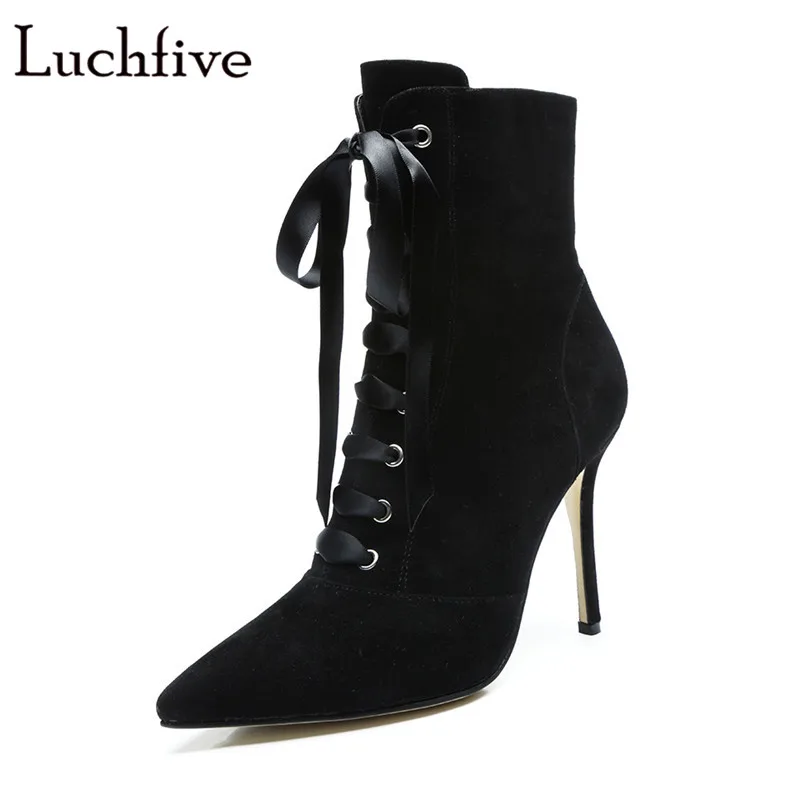 Fashion kid suede women booties classic lace up sexy pointed toe thin ...