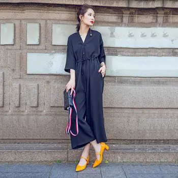 

Spring autumn V-neck Lady Romper Office Polyester Long Sleeve Jumpsuit Casual Button Overall Wide Leg Pants