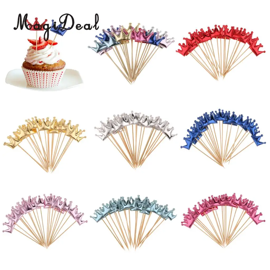 MagiDeal 20pcs PU Leather Crown Cake Topper Cupcake Toothpicks Wedding