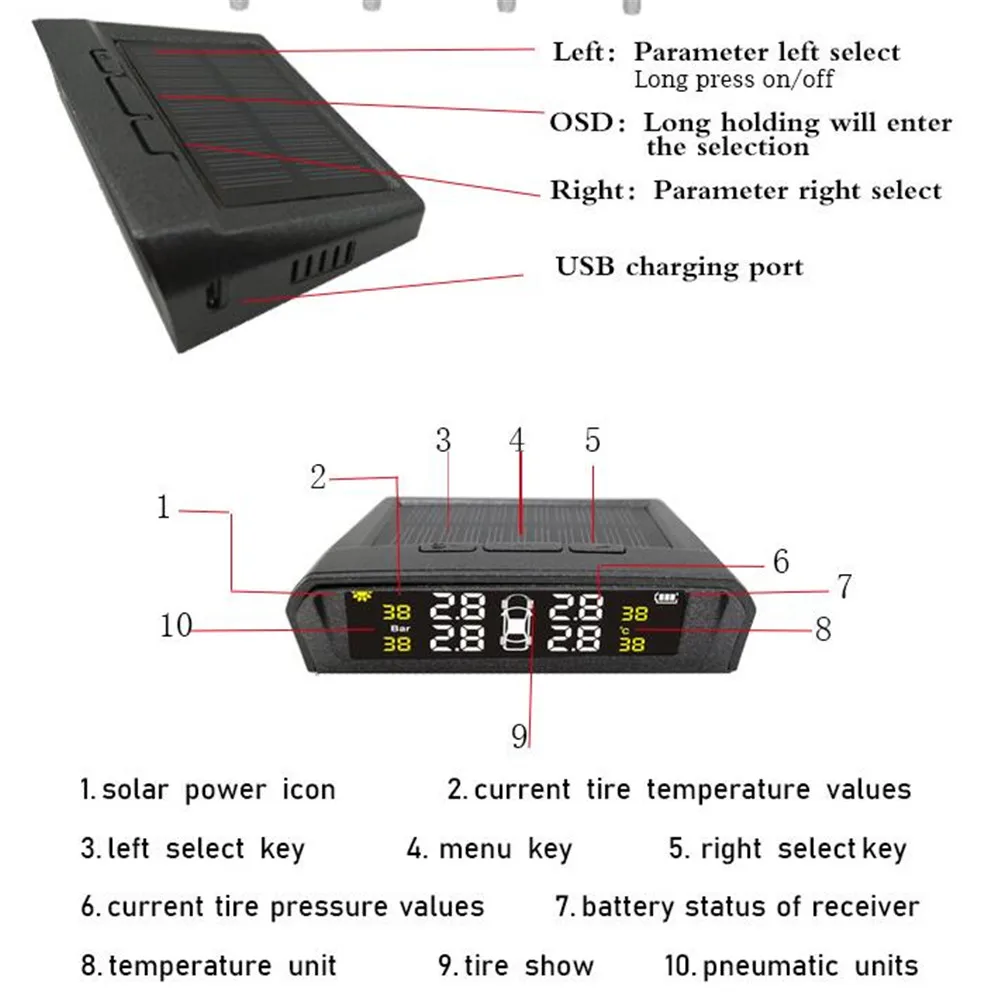 Автомобильный TPMS солнечной энергии беспроводной монитор давления в шинах с 4 датчиками DIY, дисплеи в режиме реального времени 4 шины