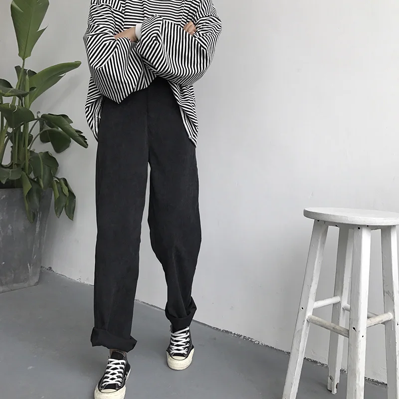 Baratos Pantalones sueltos de pana sólida de alta cintura bolsillos sólidos para mujer Pantalones largos estilo coreano ocio todo fósforo Simple de moda