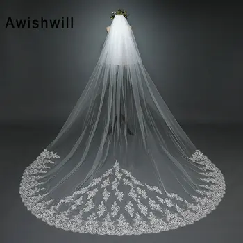 

3 Meters Long Lace Edge Wedding Veil With Comb Cover Face Two Layers Bridal Veils Appliques Bride Accessories Veli Sposa