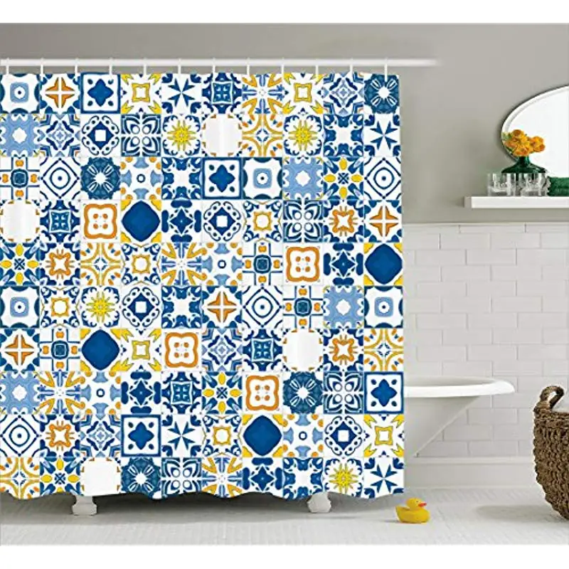 

Vixm Yellow and Blue Shower Curtain Mosaic Portuguese Azulejo Mediterranean Arabesque Effect Fabric Bath Curtains