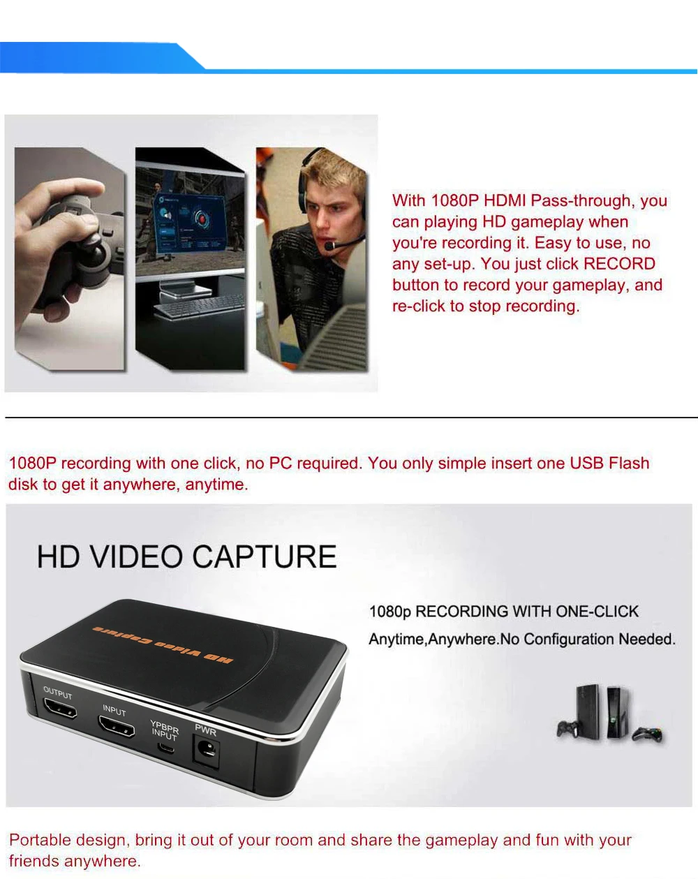 Ezcap HD игровая карта захвата HD видео Захват 1080P HDMI/YPBPR видео рекордер для Xbox 360 Xbox One/PS3 PS4/wii U нет никакой настройки