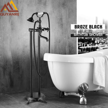 

Quyanre Bronze Black Floor Stand Faucet Mixer Bath Shower Faucet Dual Knobs Mixer Tap Creamic Handshower Swivel Tub Spout Mixer