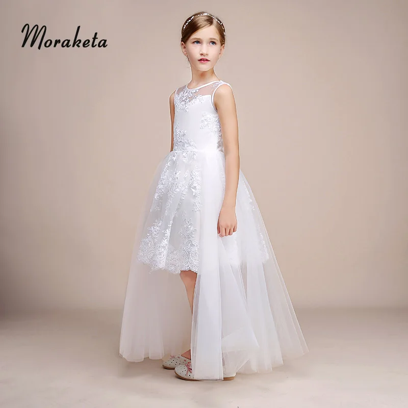 

Short Front Long Back White Flower Girl Dresses For Wedding 2019 Scoop Neck Sleeveless High Low Junior Bridesmaid Dresses