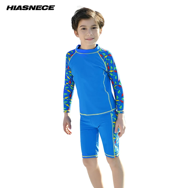 

Boy's Separates Swimsuits 3 Pieces Long Short Sleeves Shirt+Shorts+Cap Children Kids Solid Patchwork Sport Swimwear Bathing Suit