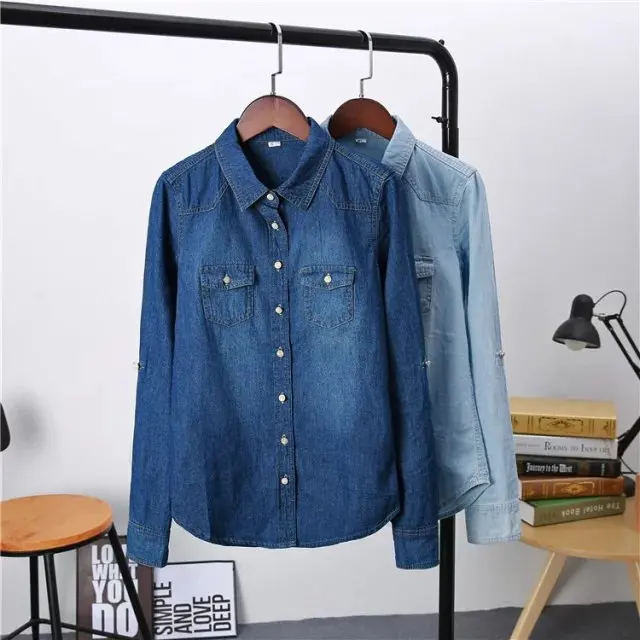  Plus Size Women's Clothing 2020 Spring Long Sleeves Blouse Quality Denim Shirt Vintage Casual Blue 