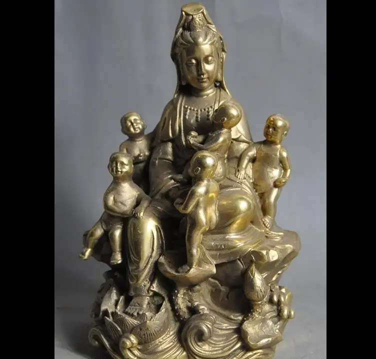 62725 &lt+ + 7 &quotКитайский буддийский латунный 5 мальчик Kwan-Yin богиня Гуаньинь статуя